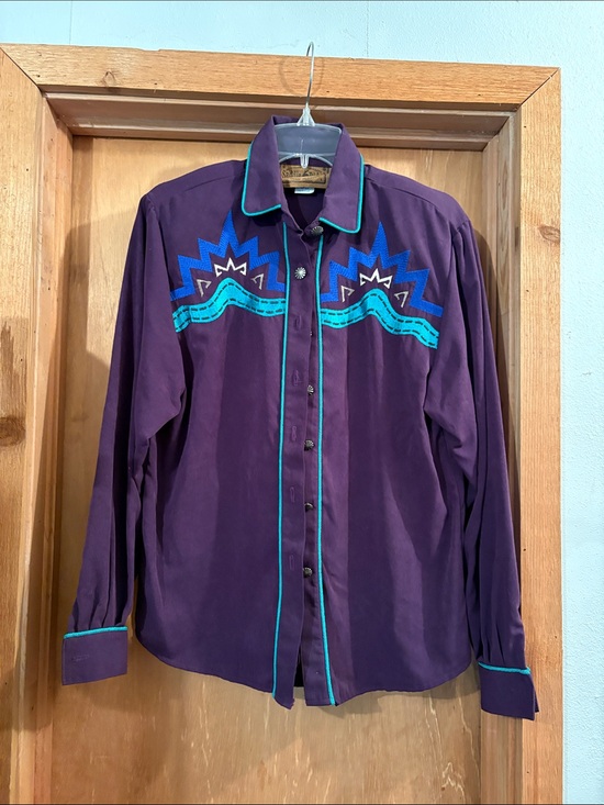 Saddle Ridge Tops - Women's Purple Button-Down Shirt with Turquoise Embroidery